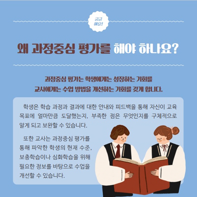 왜 과정중심 평가를 해야 하나요?과정중심 평가는 학생에게는 성장하는 기회를 교사에게는 수업 방법을 개선하는 기회를 갖게 합니다.학생은 학습 과정과 결과에 대한 안내와 피드백을 통해 자신이 교육 목표에 얼마만큼 도달했는지, 부족한 점은 무엇인지를 구체적으로 알게 되고 보완할 수 있습니다. 또한 교사는 과정중심 평가를 통해 파악한 학생의 현재 수준, 보충학습이나 심화학습을 위해 필요한 정보를 바탕으로 수업을 개선할 수 있습니다.