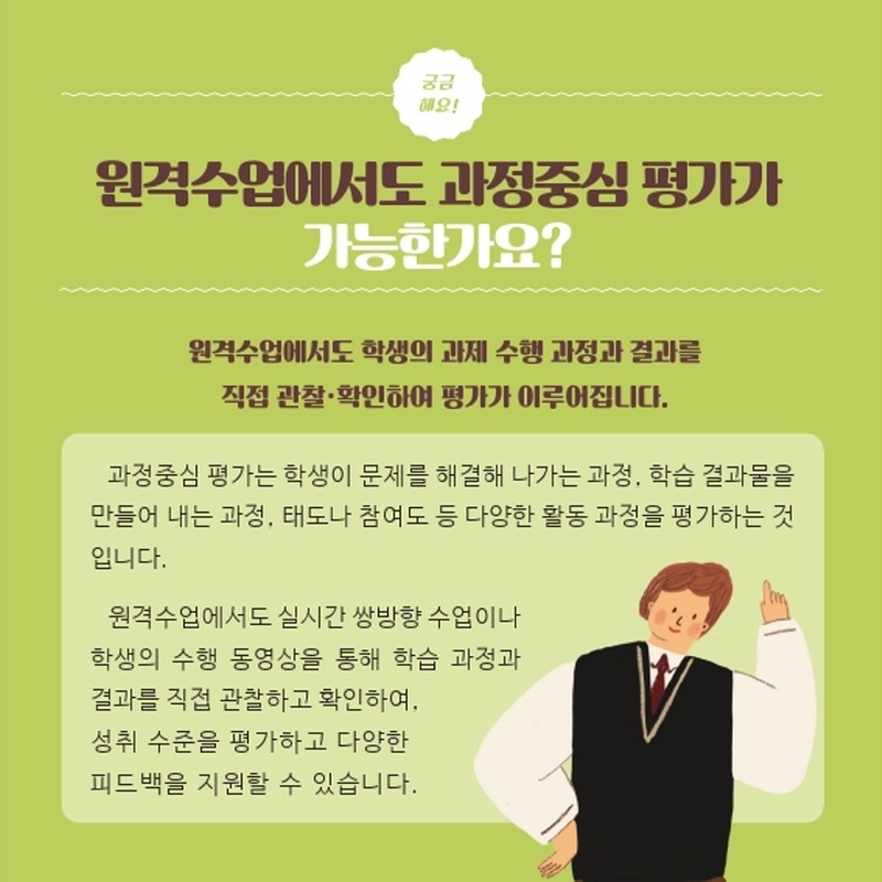원격수업에서도 과정중심 평가가 가능한가요? 원격수업에서도 학생의 과제 수행 과정과 결과를 직접 관찰·확인하여 평가가 이루어집니다.과정중심 평가는 학생이 문제를 해결해 나가는 과정, 학습 결과물을 만들어 내는 과정, 태도나 참여도 등 다양한 활동 과정을 평가하는 것입니다. 원격수업에서도 실시간 쌍방향 수업이나 학생의 수행 동영상을 통해 학습 과정과 결과를 직접 관찰하고 확인하여, 성취 수준을 평가하고 다양한 피드백을 지원할 수 있습니다.